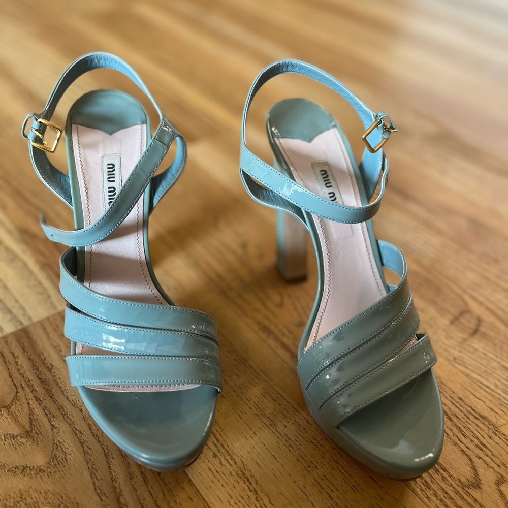 MIU MIU Patent Leather Platform Slanted High Heels Strappy Sandals - Size 41